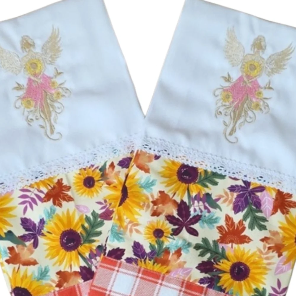 Handcrafted Embroidered Floral Angel Tea Towels Set 2 18